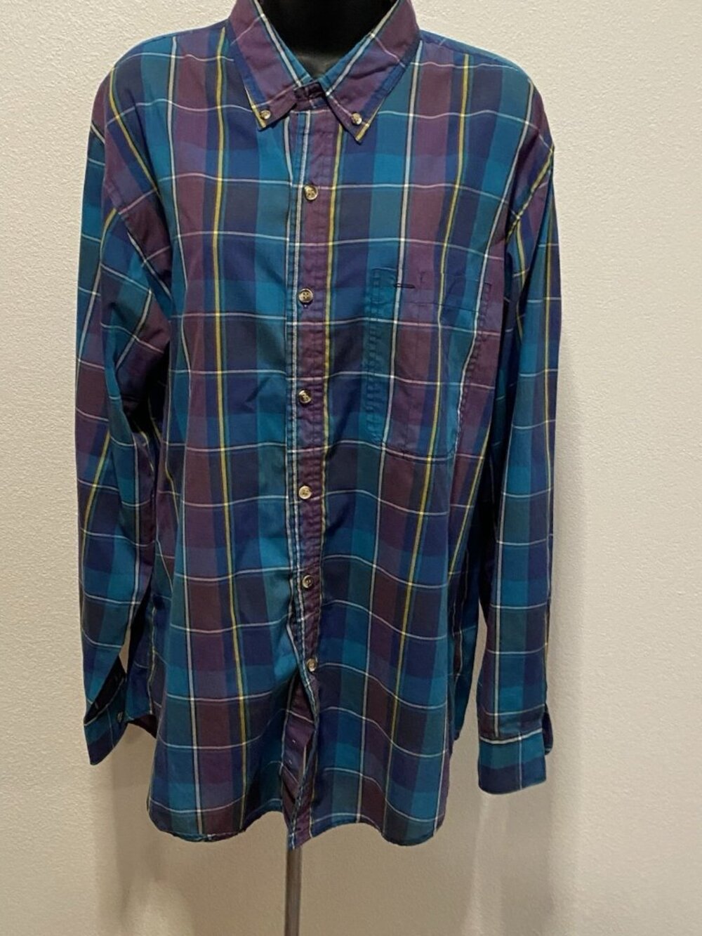 Saddlebrook Mens Size L Long Sleeve Shirt Green Navy Plaid Button Down Pocket